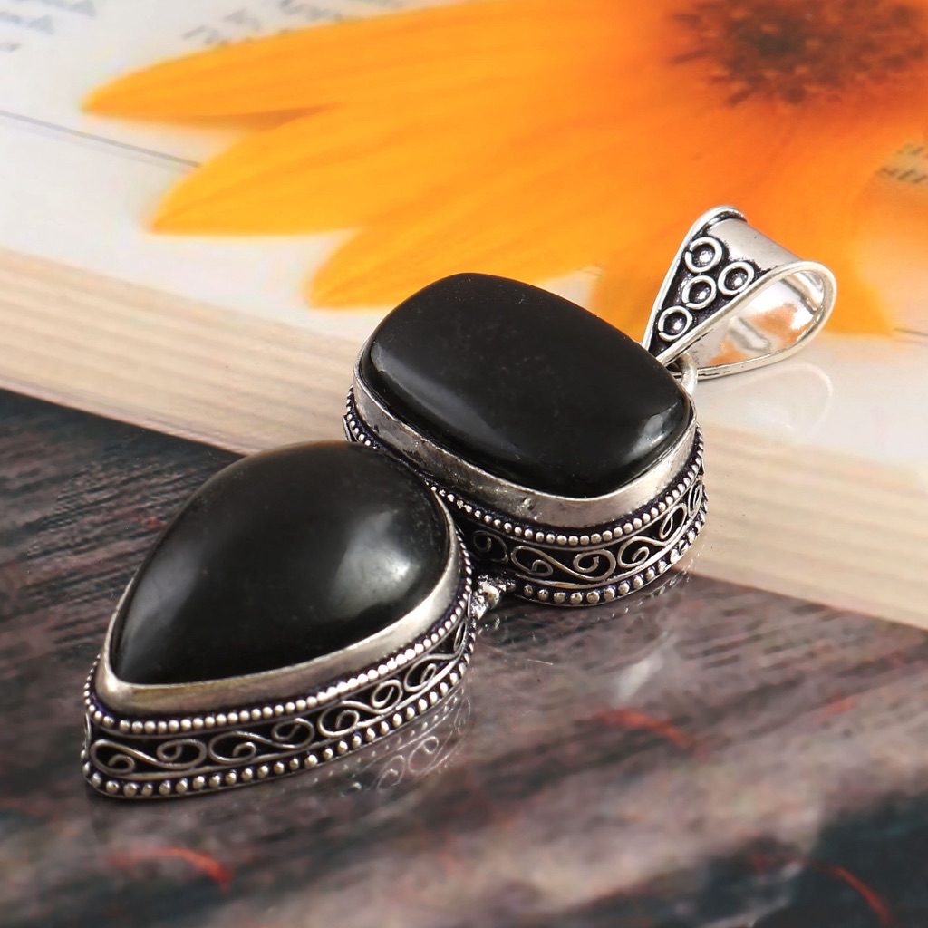 Black Onyx Natural Gemstone Handcrafted 925 Silver Overlay Pendant